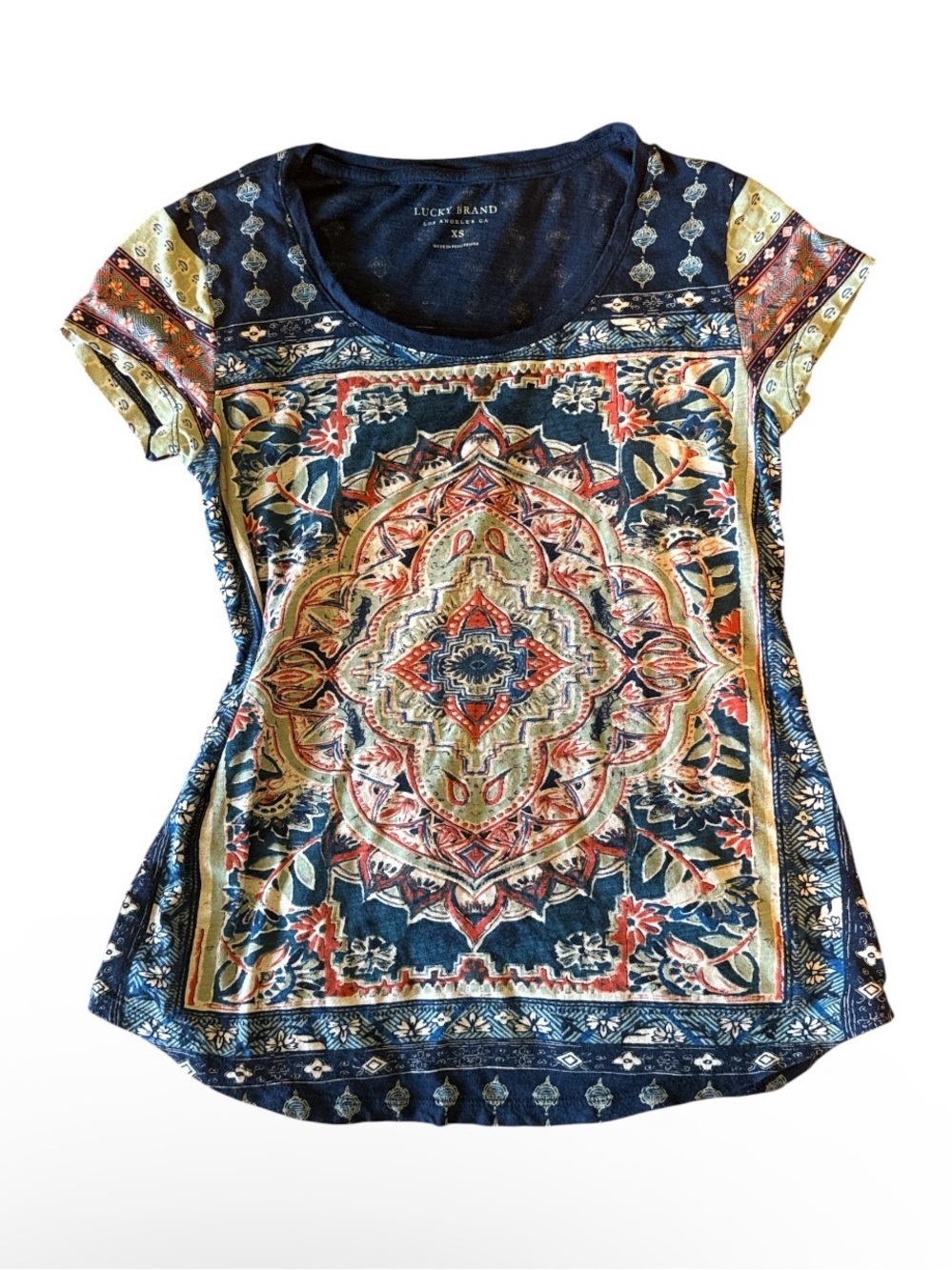 Lucky Brand Navy Multicolor Medallion Short Sleeve Tee